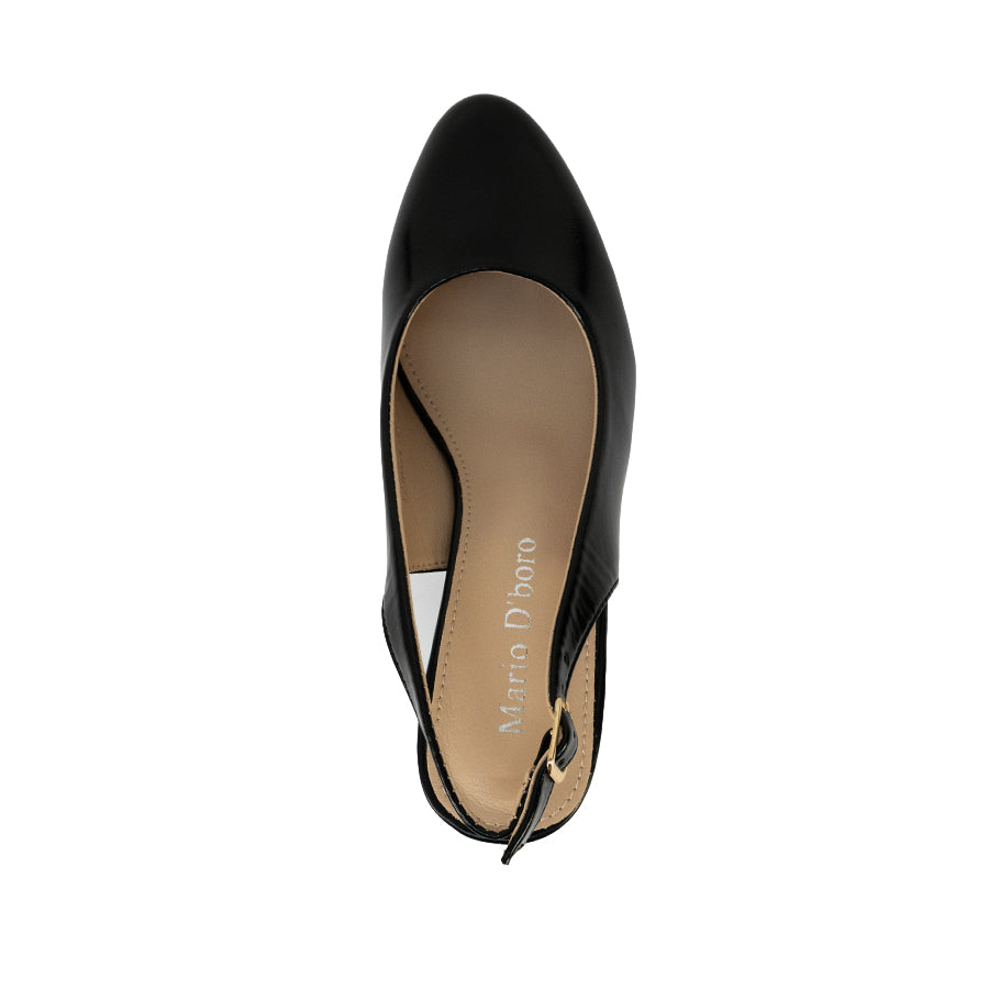 Mario D' boro LZ 30574 C102 Black / Dark Brown patent leather slingback heeled with block heel and adjustable buckle strap.