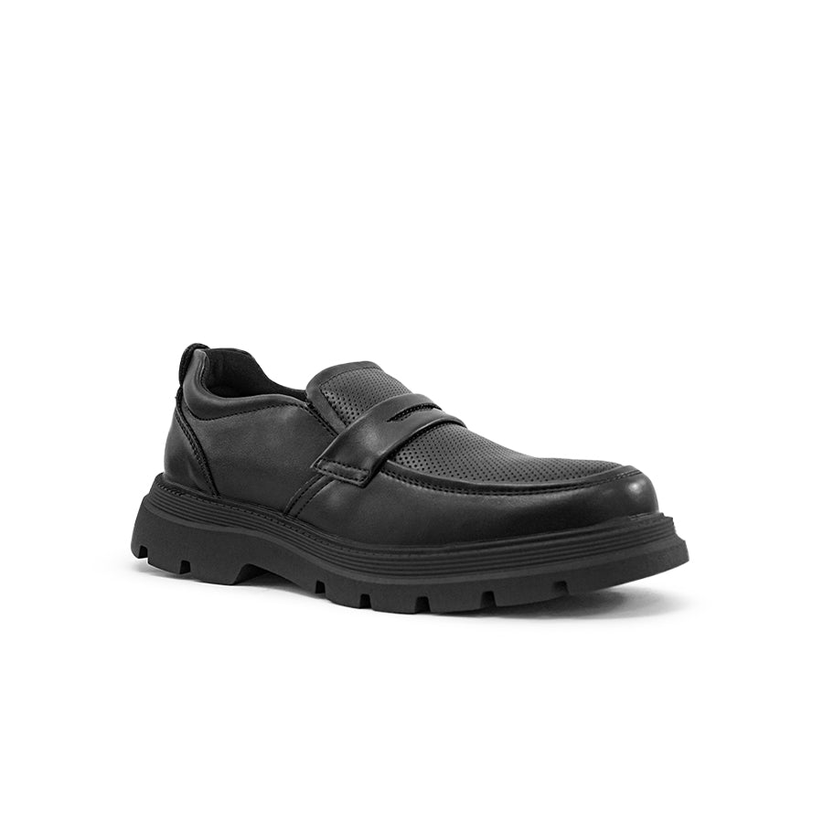 Mario D' boro Men's Formal MZ 27136 Black / Dark Brown leather slip-on shoe with thick rugged sole and textured upper.