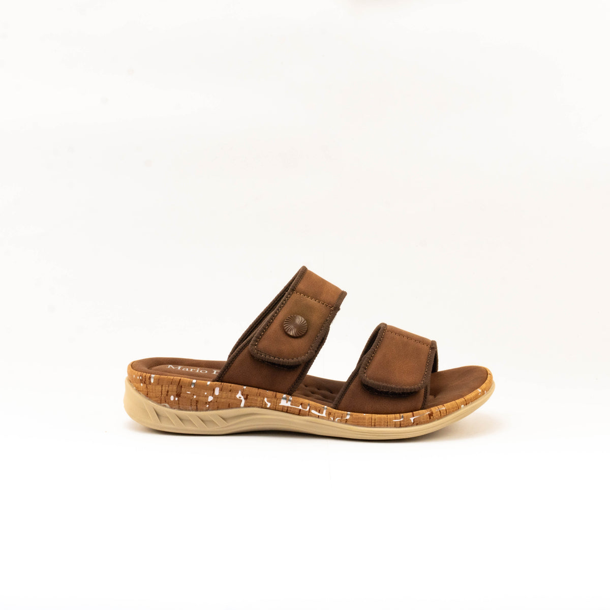 Mario D' boro Women's LZ 30541 C99 Beige / Dark Brown slip-on sandal with two adjustable straps and cork sole.
