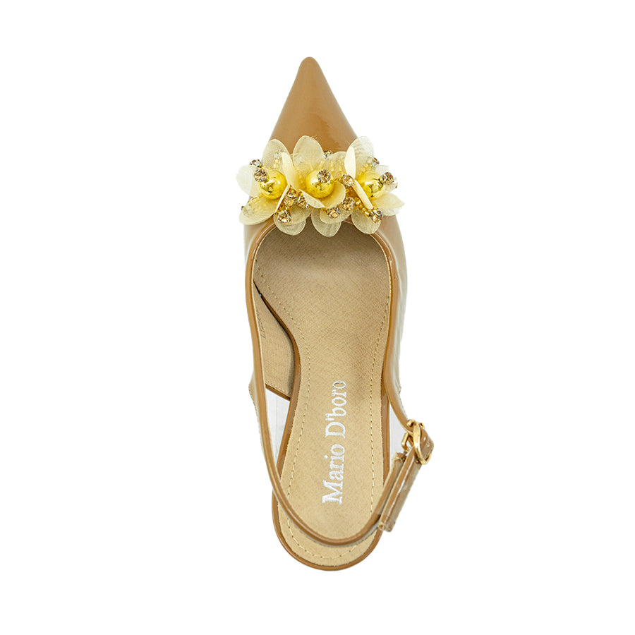 Mario D' boro LY 29665 C90 Brown / Taupe patent leather slingback high heel with pointed toe and decorative yellow flower embellishment.