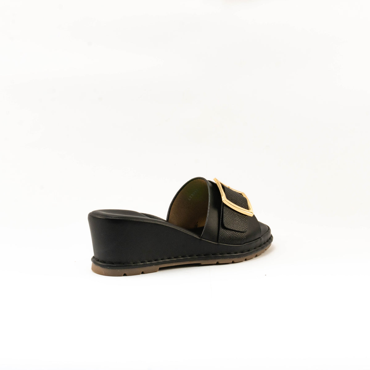 Mario D' boro Women's LZ 30445 C99 Black / Taupe wedge sandal with gold buckle strap.