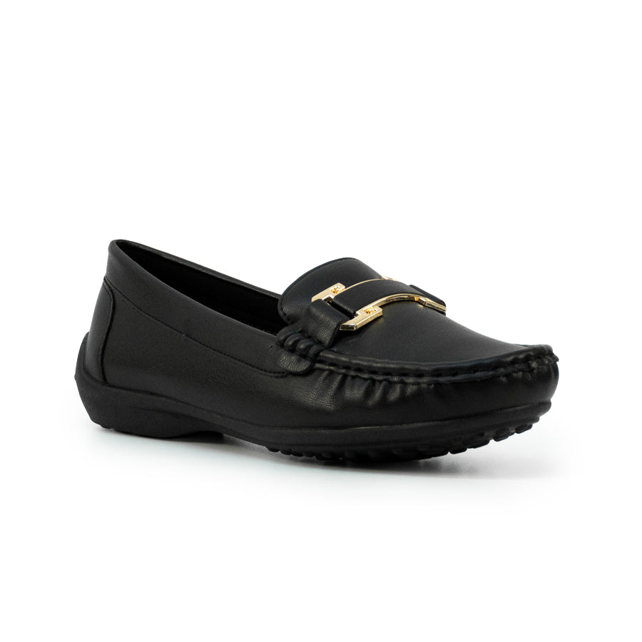 Mario D' boro LZ 30475 C102 Women's Black / Taupe loafer with rubber sole and gold accent.