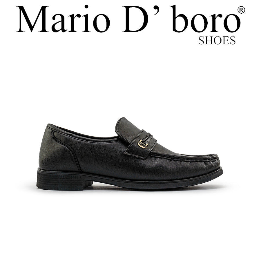 Mario D' boro Men's Formal MZ 27217 C95 Black leather men's loafer with gold buckle detail. Flat sole, closed toe, smooth finish. Suitable for formal or business casual wear.