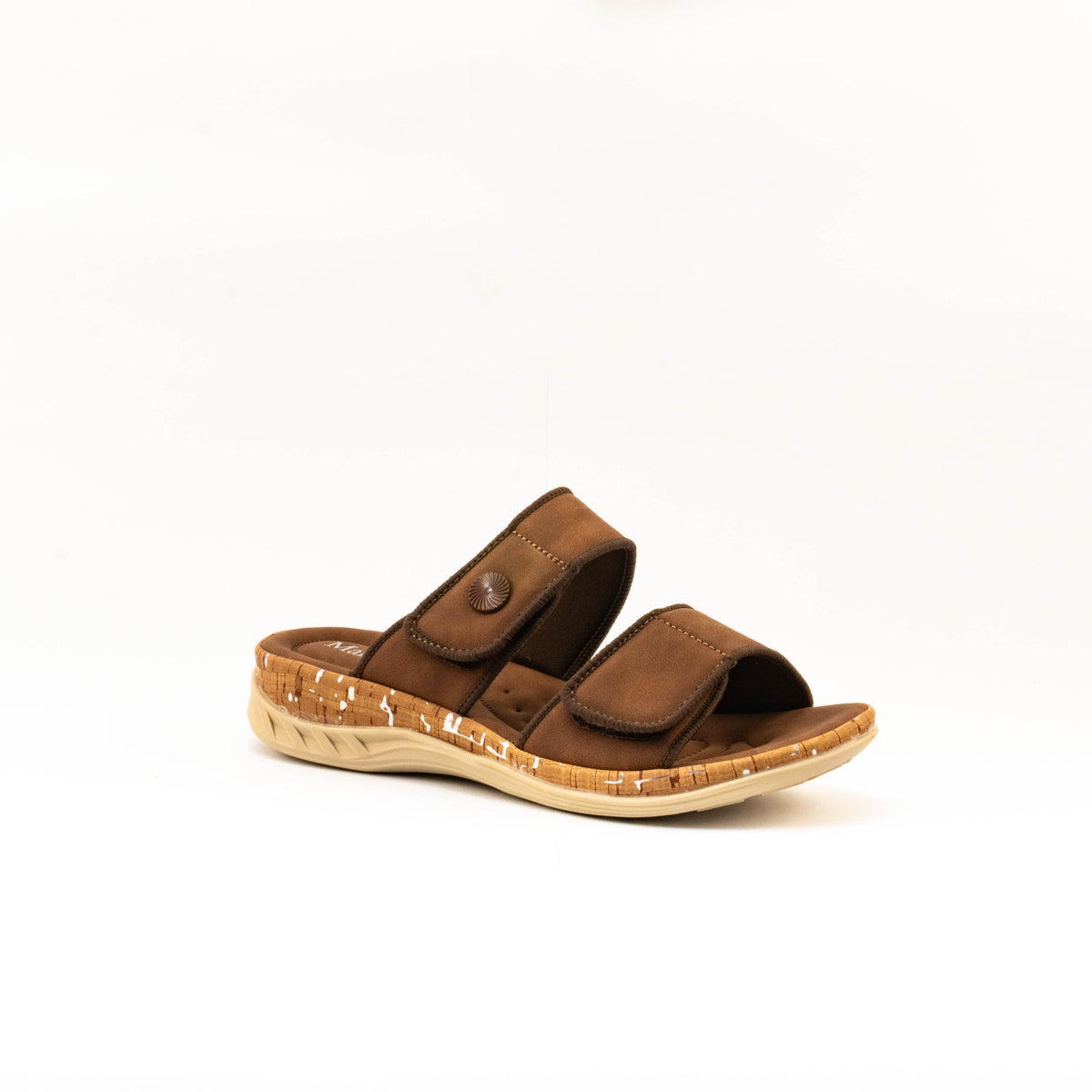 Mario D' boro Women's LZ 30541 C99 Beige / Dark Brown slip-on sandal with two adjustable straps and cork sole.