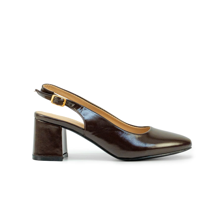Mario D' boro LZ 30574 C102 Black / Dark Brown patent leather slingback heeled with block heel and adjustable buckle strap.