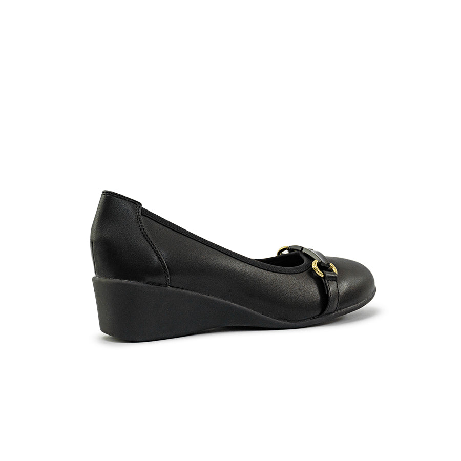 Mario D' boro Women's LZ 29681 C94 Black wedge heel School Shoes with gold buckle detail.