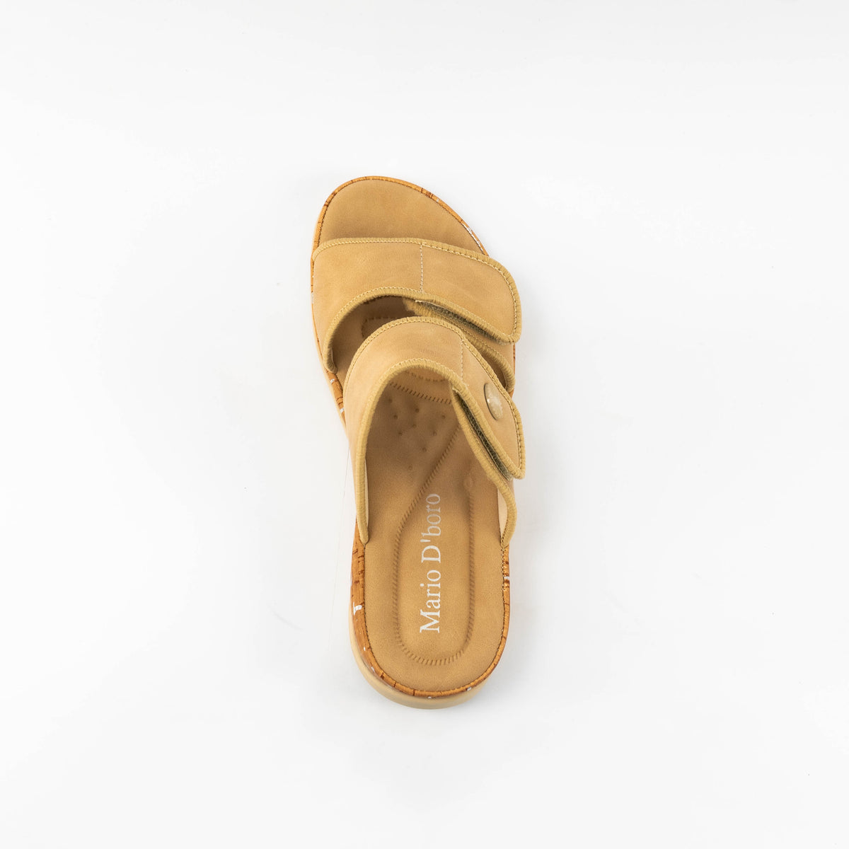Mario D' boro Women's LZ 30541 C99 Beige / Dark Brown slip-on sandal with two adjustable straps and cork sole.