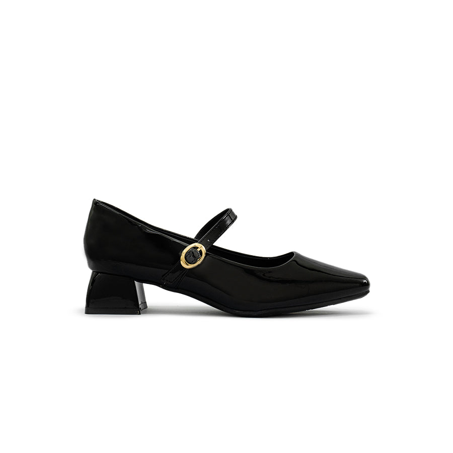 Mario D' boro LZ 30114 C97 Black patent Mary Jane shoe with square heel and gold buckle strap.