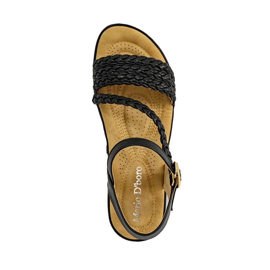 Mario D' boro LZ 30399 Black / White C97 braided wedge sandal with ankle strap and gold buckle.