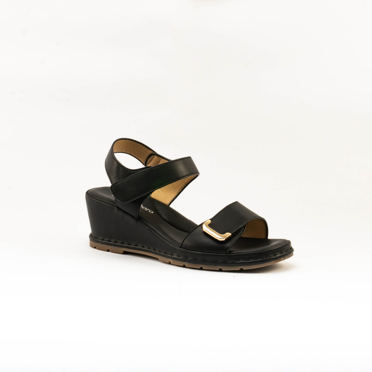 Mario D' boro Women's LZ 30447 C99 Black / Light Beige wedge sandal with ankle strap and gold buckle.