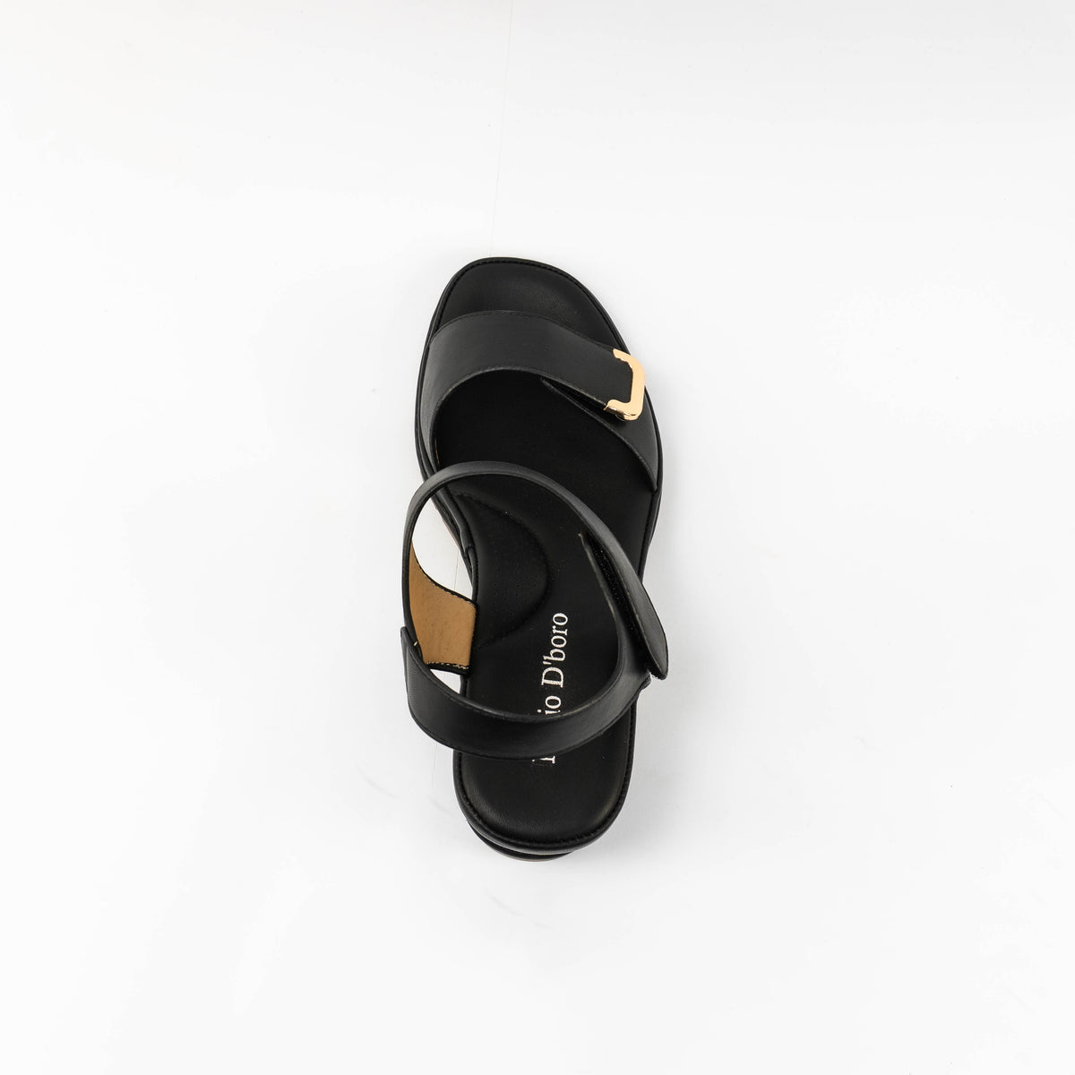 Mario D' boro Women's LZ 30447 C99 Black / Light Beige wedge sandal with ankle strap and gold buckle.