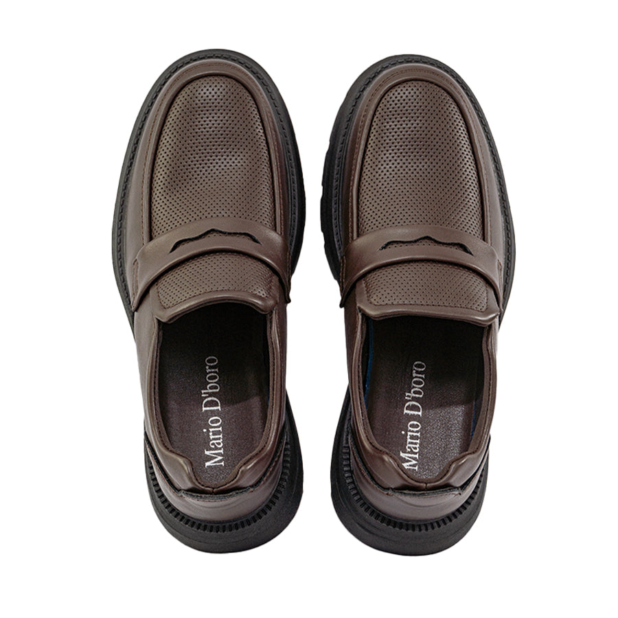 Mario D' boro Men's Formal MZ 27136 Black / Dark Brown leather slip-on shoe with thick rugged sole and textured upper.