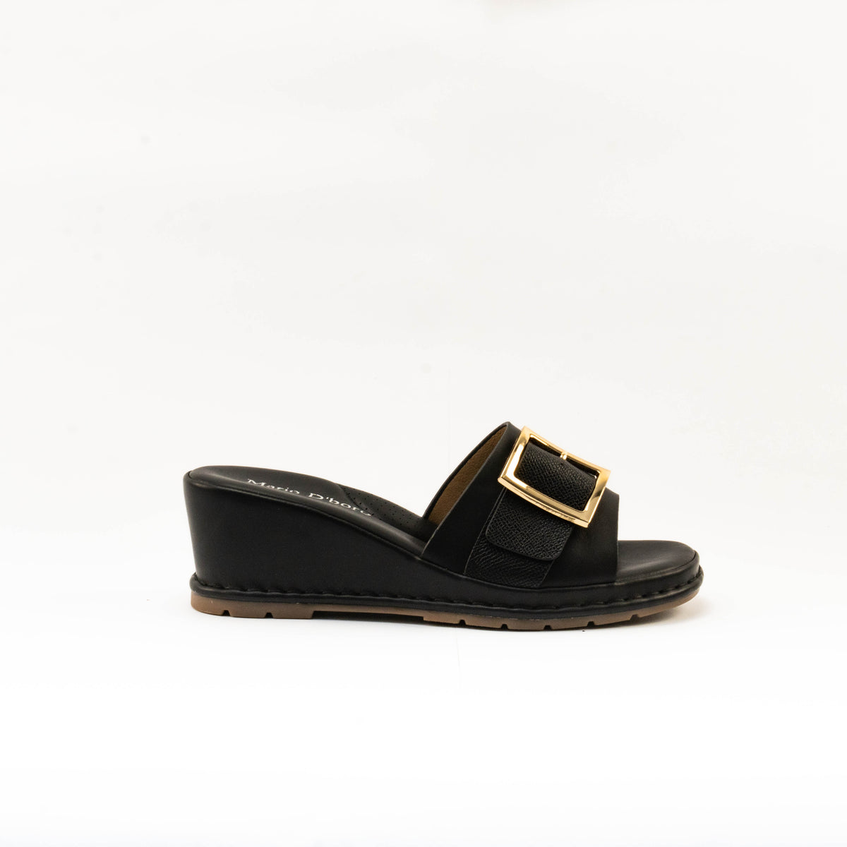 Mario D' boro Women's LZ 30445 C99 Black / Taupe wedge sandal with gold buckle strap.