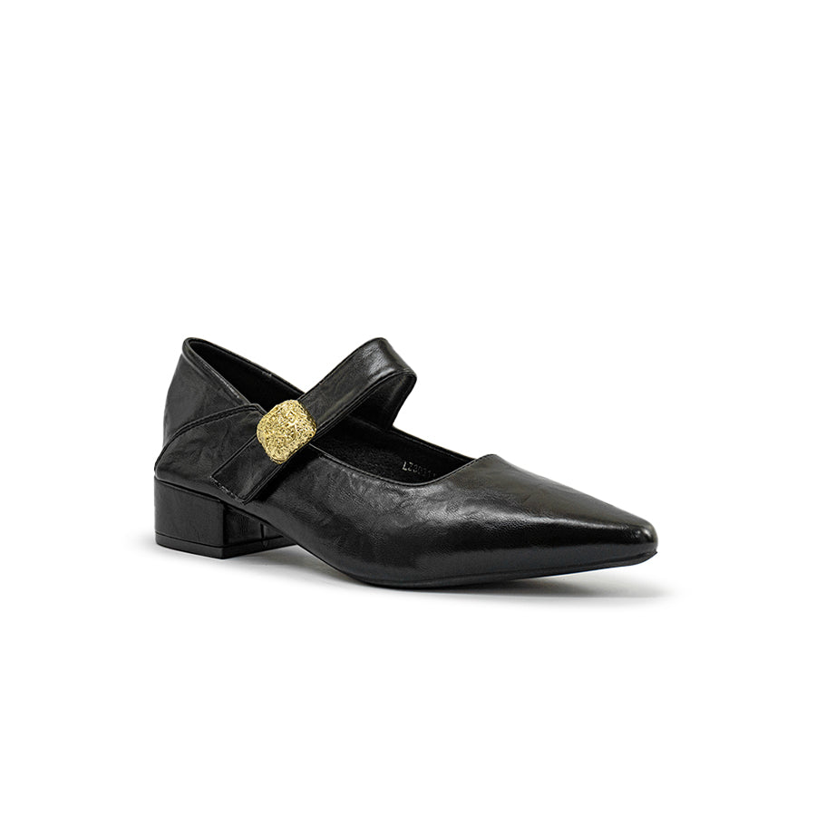 Mario D' boro Women's LZ 30311 C97 Black Mary Jane shoe with gold buckle and block heel.
