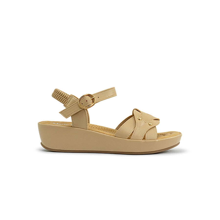 Mario D' boro Women's LZ 30400 C97 Beige / Dark Brown wedge sandal with ankle strap and decorative studs.