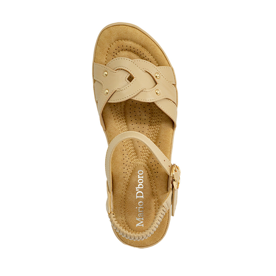 Mario D' boro Women's LZ 30400 C97 Beige / Dark Brown wedge sandal with ankle strap and decorative studs.