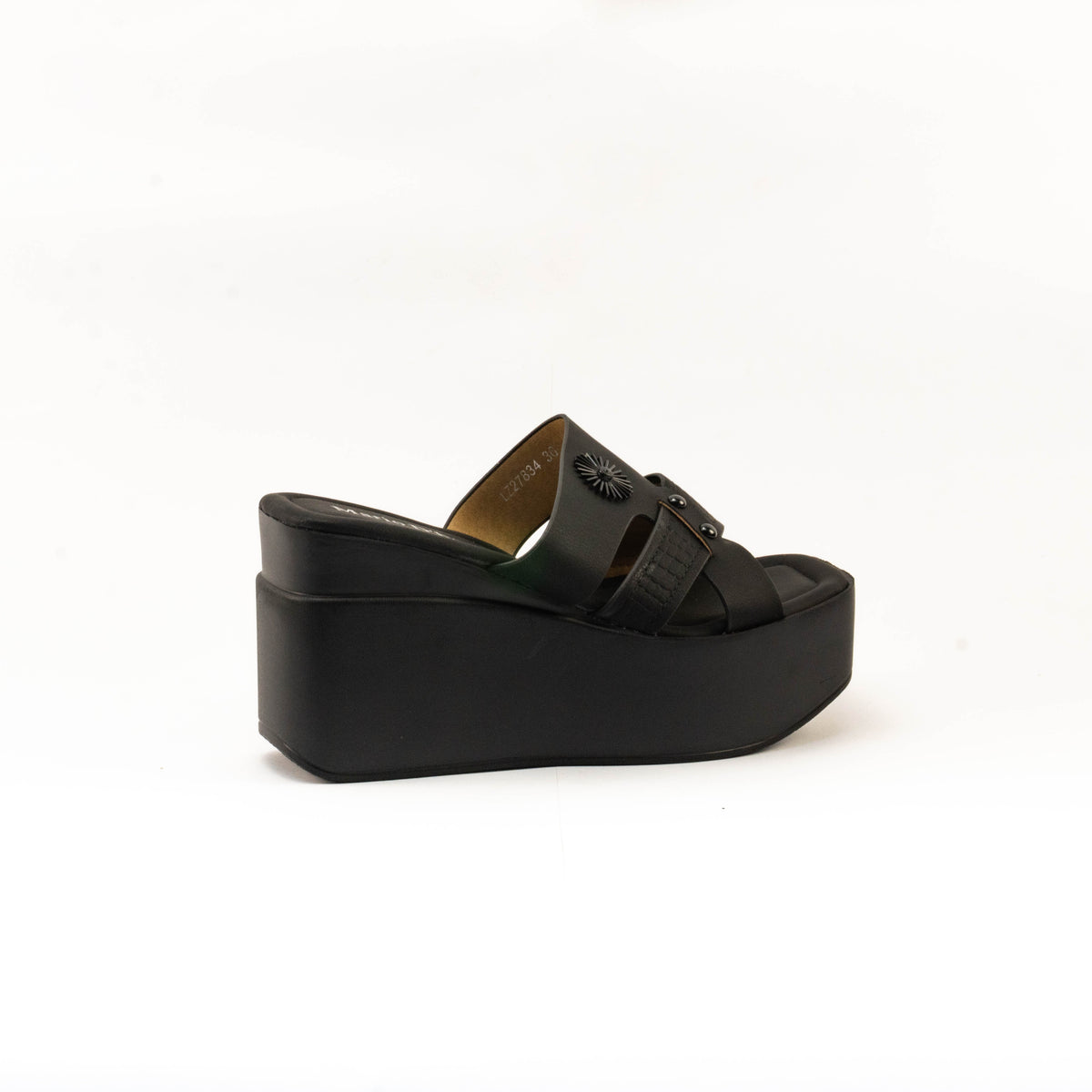Mario D' boro Women's LZ 27834 C99 Beige / Black wedge sandals with platform sole and decorative sun emblem.