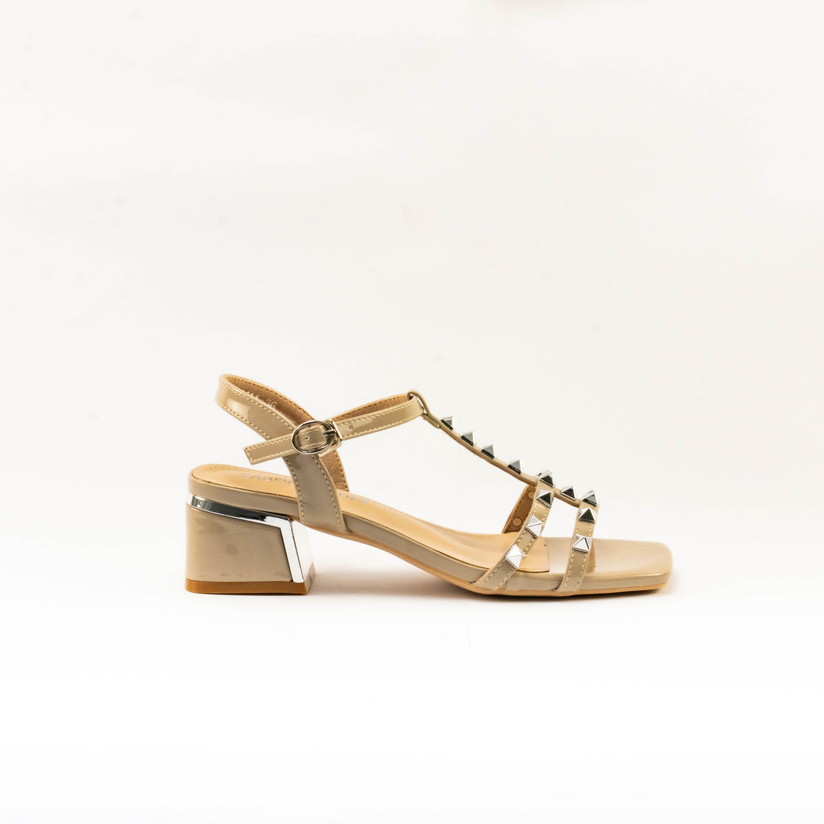 Mario D' boro Women's LZ 30411 C99 Beige / Taupe studded block heel sandal with ankle strap and square toe.