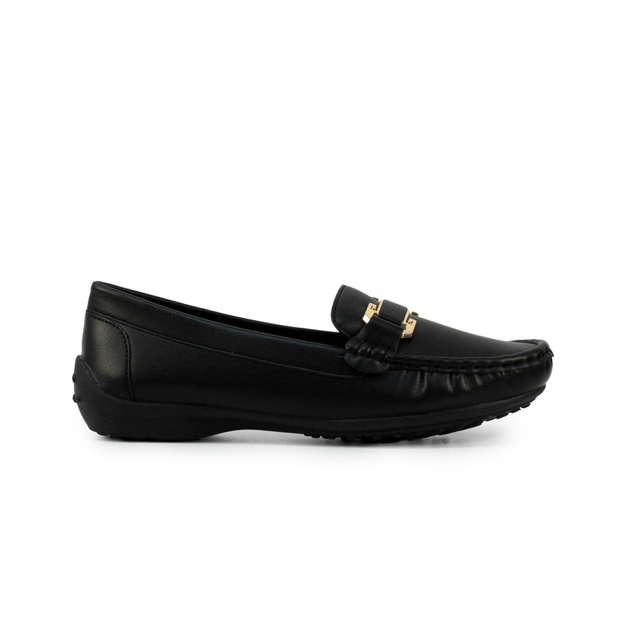 Mario D' boro LZ 30475 C102 Women's Black / Taupe loafer with rubber sole and gold accent.