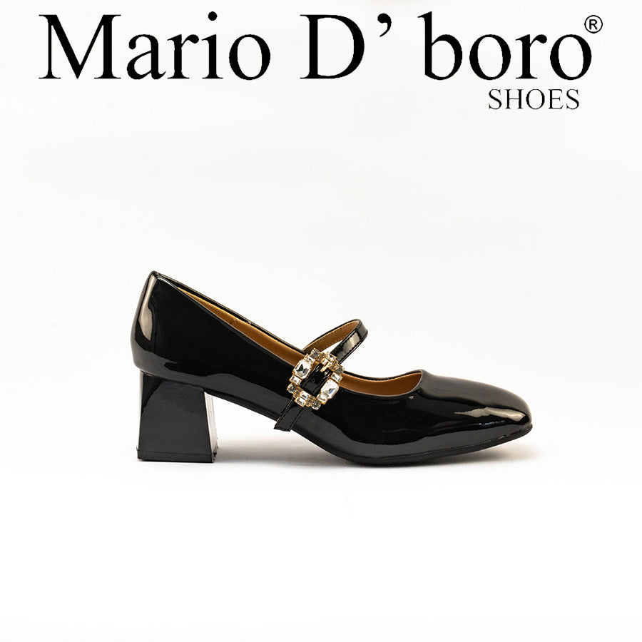 Mario D' boro Women's LZ 30487 C99 Black patent pumps with block heel and decorative buckle.