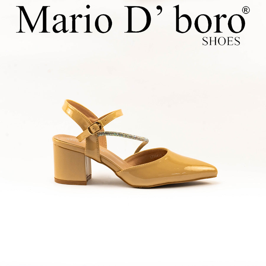 Mario D' boro Women's LZ 30435 C99 Beige / Taupe patent evening sandals with pointed toe block heel slingback shoe with ankle strap