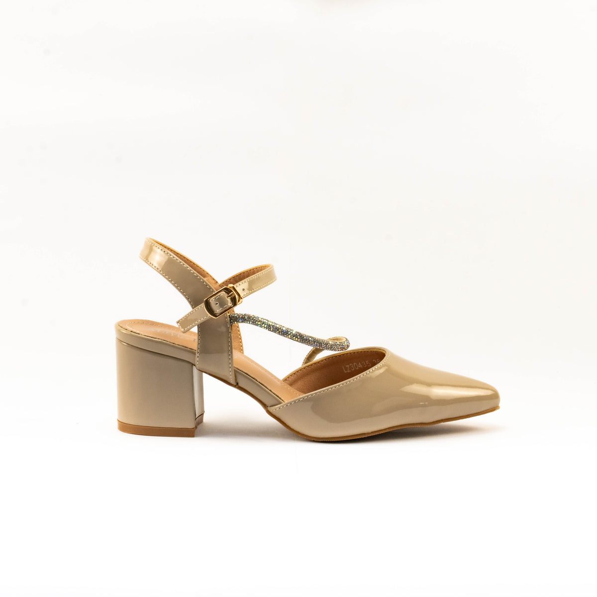 Mario D' boro Women's LZ 30435 C99 Beige / Taupe patent evening sandals with pointed toe block heel slingback shoe with ankle strap