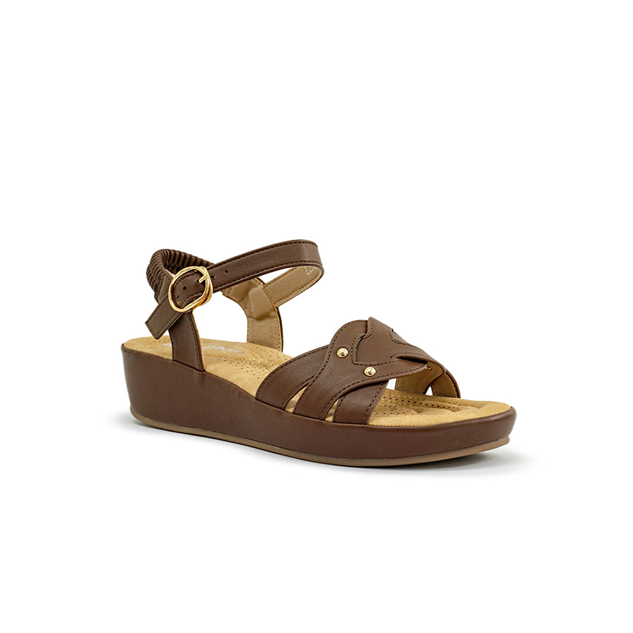 Mario D' boro Women's LZ 30400 C97 Beige / Dark Brown wedge sandal with ankle strap and decorative studs.