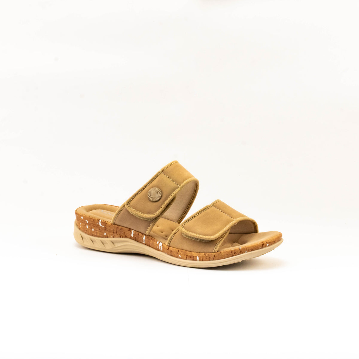 Mario D' boro Women's LZ 30541 C99 Beige / Dark Brown slip-on sandal with two adjustable straps and cork sole.