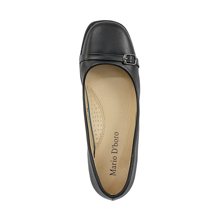 Mario D' boro LZ 30197 C92 Black women's flat shoe with buckle detail. Low heel, closed toe, smooth leather finish. Suitable for casual or office wear.