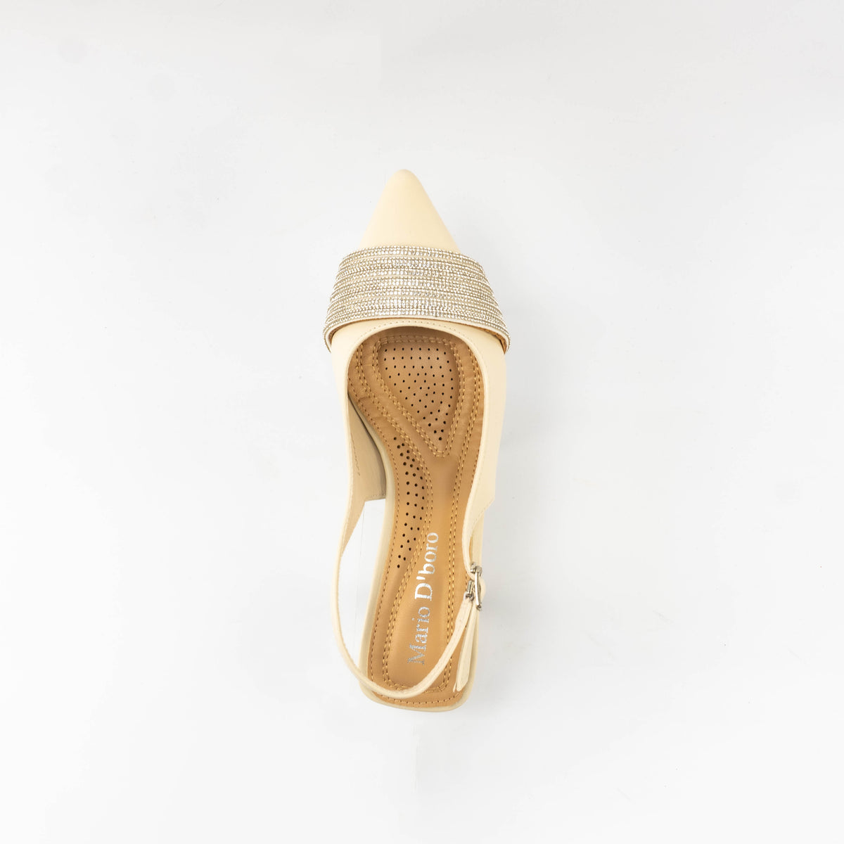 Mario D' boro Women's LZ 30489 C99 Off White / Taupe slingback evening sandals with pointed toe and decorative strap.