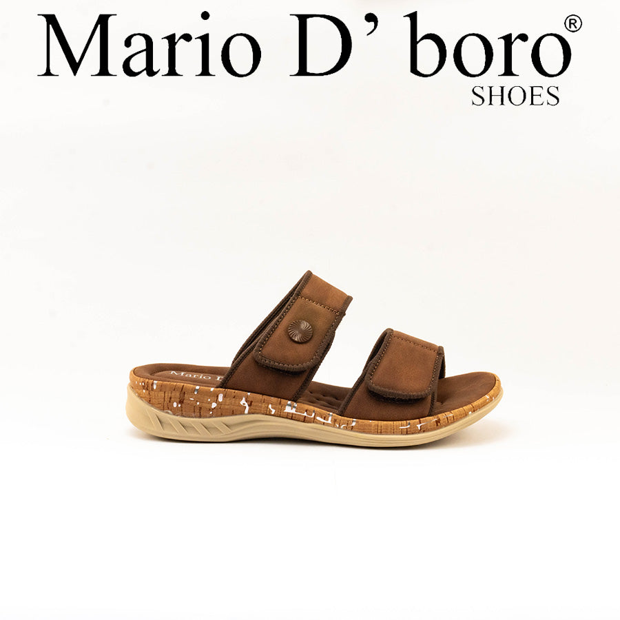 Mario D' boro Women's LZ 30541 C99 Beige / Dark Brown slip-on sandal with two adjustable straps and cork sole.