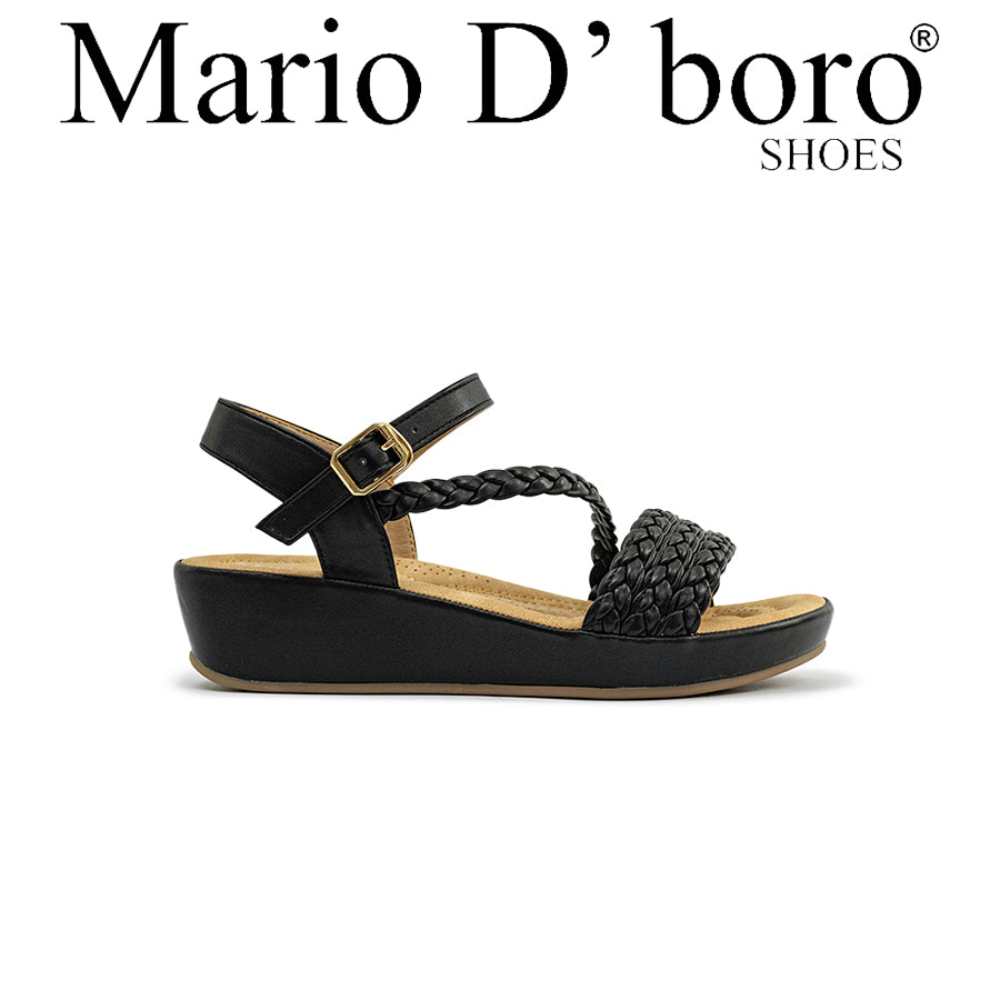Mario D' boro LZ 30399 Black / White C97 braided wedge sandal with ankle strap and gold buckle.