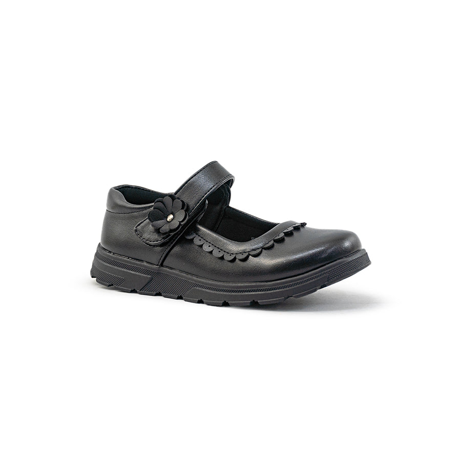 Mario D' boro Kids Girls KZ 24100 C91 Black Mary Jane shoe with strap and flower detail.