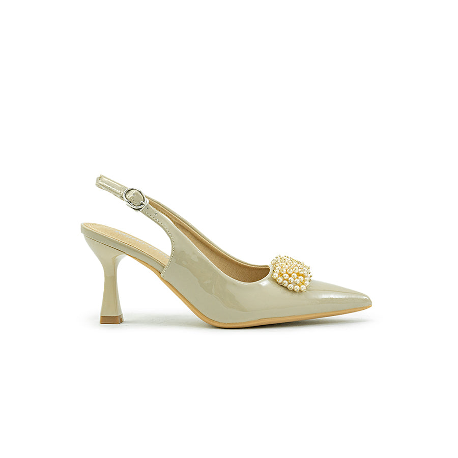 Mario D' boro LY 29663 Old Rose / Taupe patent slingback high heel with pointed toe and decorative pearl embellishment.