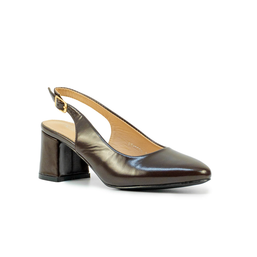 Mario D' boro LZ 30574 C102 Black / Dark Brown patent leather slingback heeled with block heel and adjustable buckle strap.