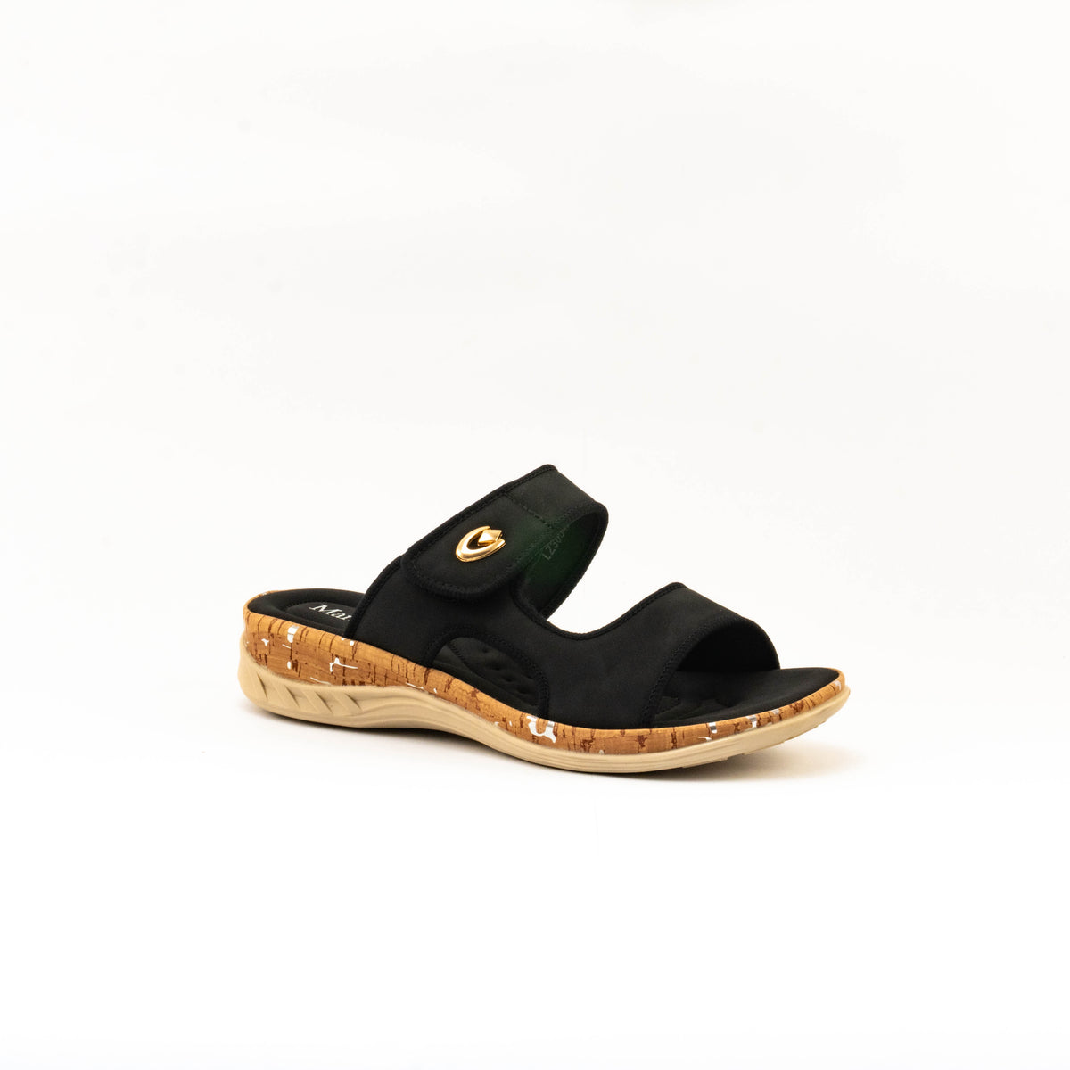 Mario D' boro Women's LZ 30542 C99 Black / Brown slip-on sandal with cork sole and gold emblem.