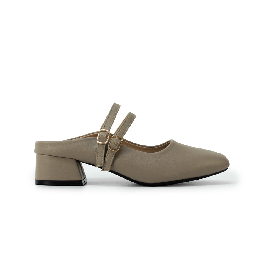 Mario D' boro LZ 30632 C102 Light Beige / Taupe Women's heeled mule with two straps and gold buckles.