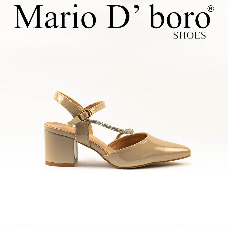 Mario D' boro Women's LZ 30435 C99 Beige / Taupe patent evening sandals with pointed toe block heel slingback shoe with ankle strap
