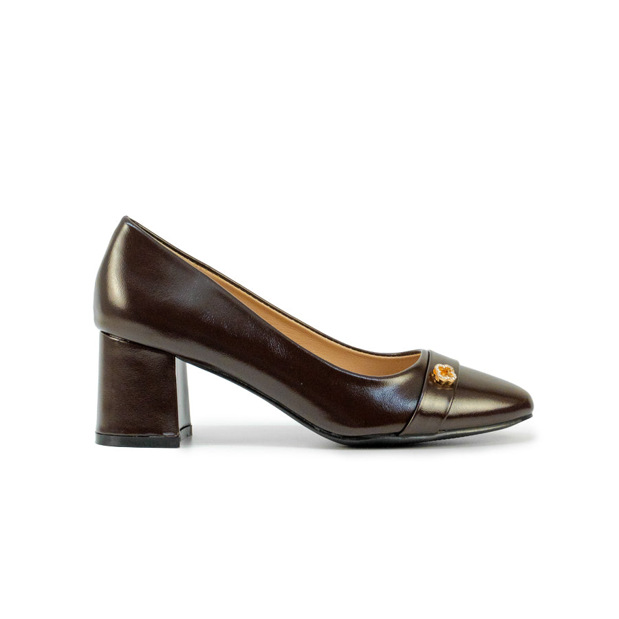 Mario D' boro LZ 30575 C102 Women's Black / Dark Brown pump with block heel and gold embellishment.