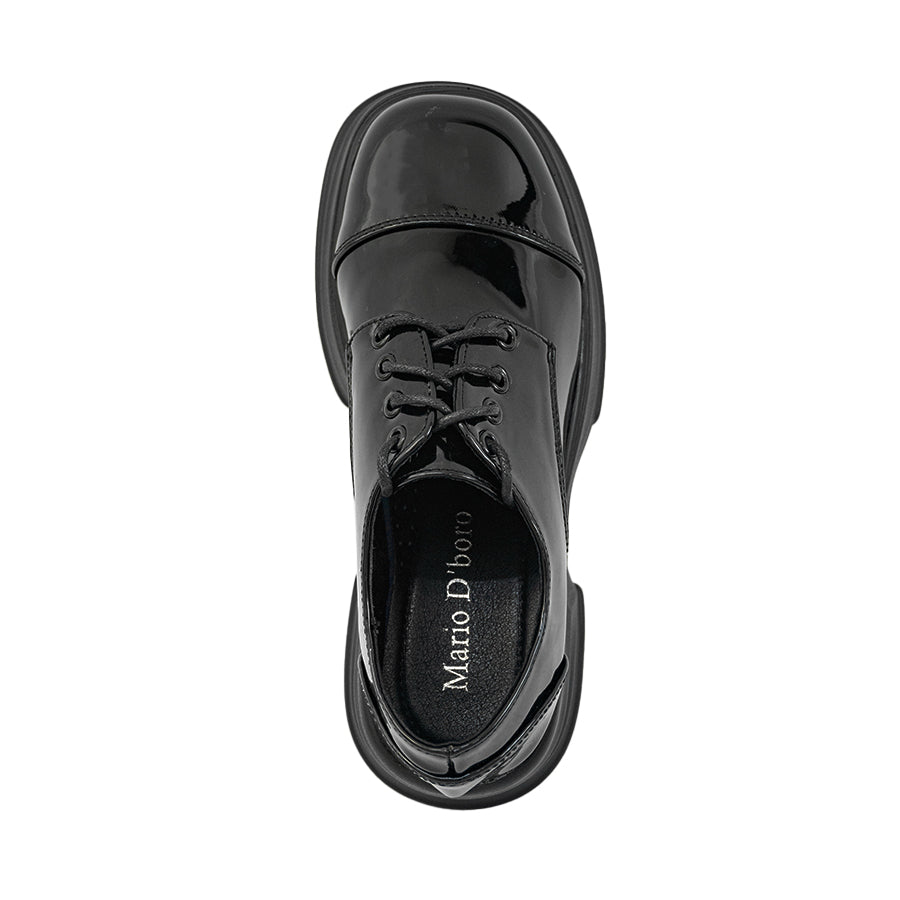 Mario D ' boro LY 25933 C90 Black patent leather platform oxford shoe with thick sole and lace-up design.