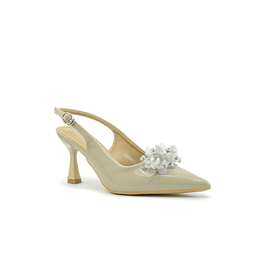 Mario D' boro LY 29665 C90 Brown / Taupe patent leather slingback high heel with pointed toe and decorative yellow flower embellishment.