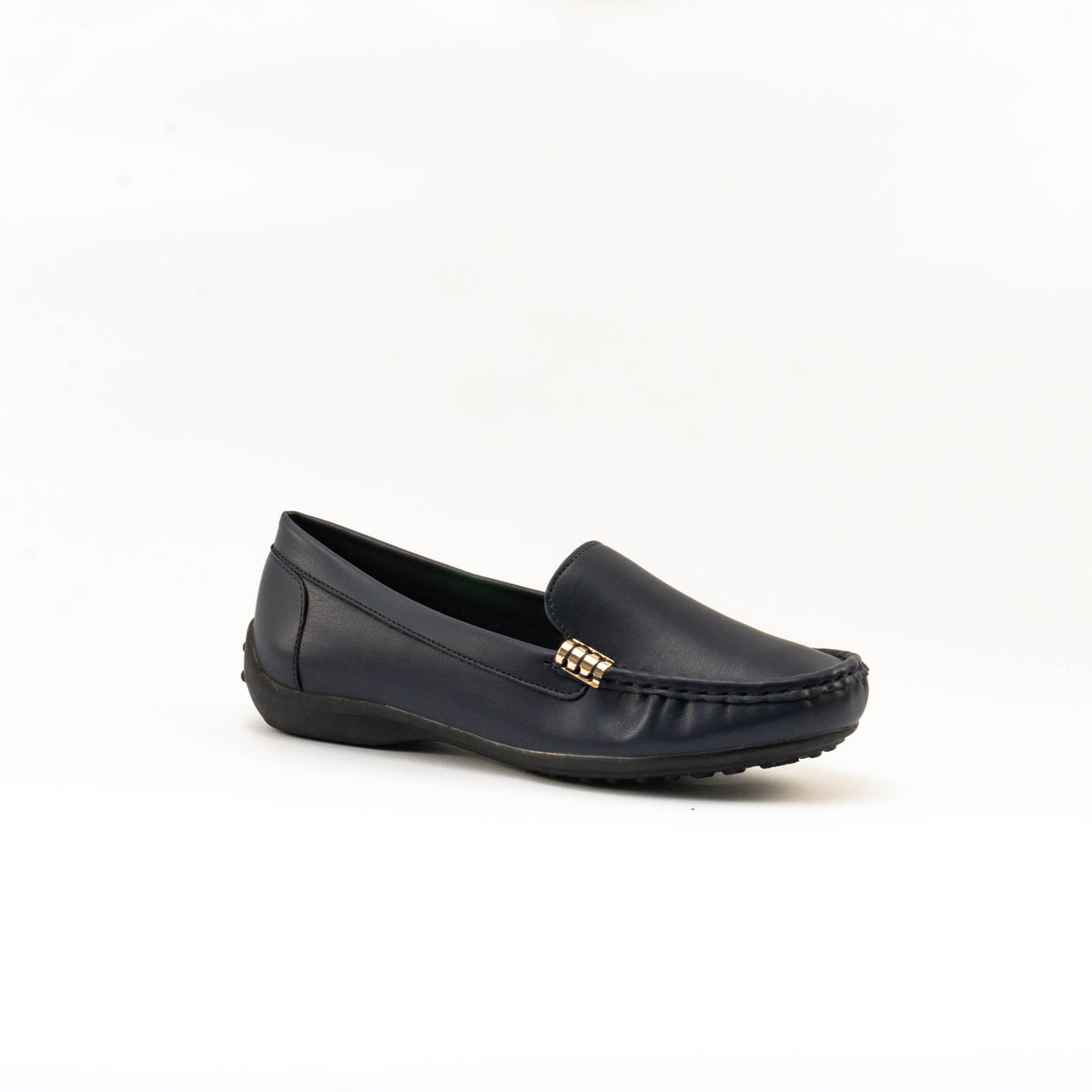 Mario D' boro Women's LZ 30477 Navy Blue / Dark Brown slip-on loafer with gold-tone metal accent