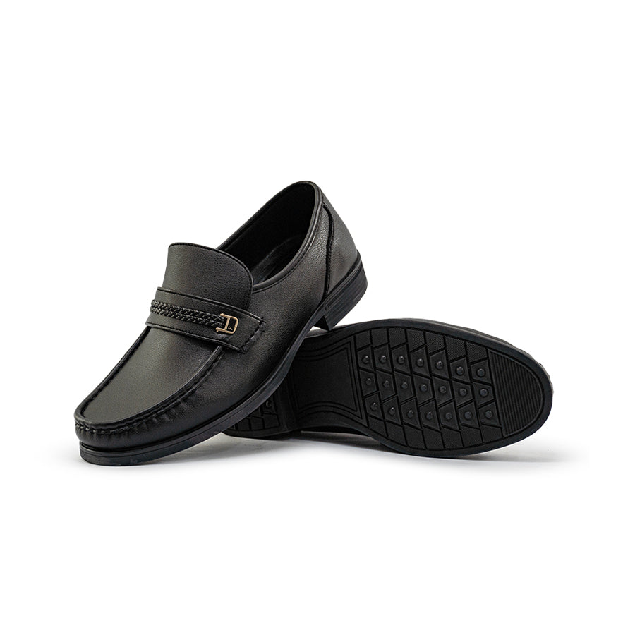 Mario D' boro Men's Formal MZ 27217 C95 Black leather men's loafer with gold buckle detail. Flat sole, closed toe, smooth finish. Suitable for formal or business casual wear.