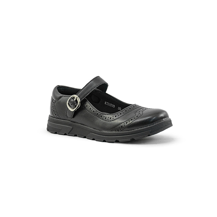 Mario D' boro Kids Girls KZ 24099 C91 Black Mary Jane shoe with buckle strap and brogue detailing. Flat sole suitable for casual wear.