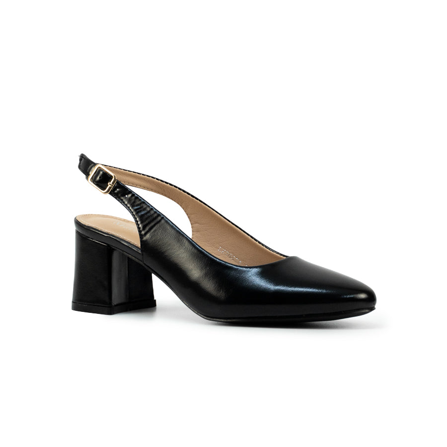 Mario D' boro LZ 30574 C102 Black / Dark Brown patent leather slingback heeled with block heel and adjustable buckle strap.