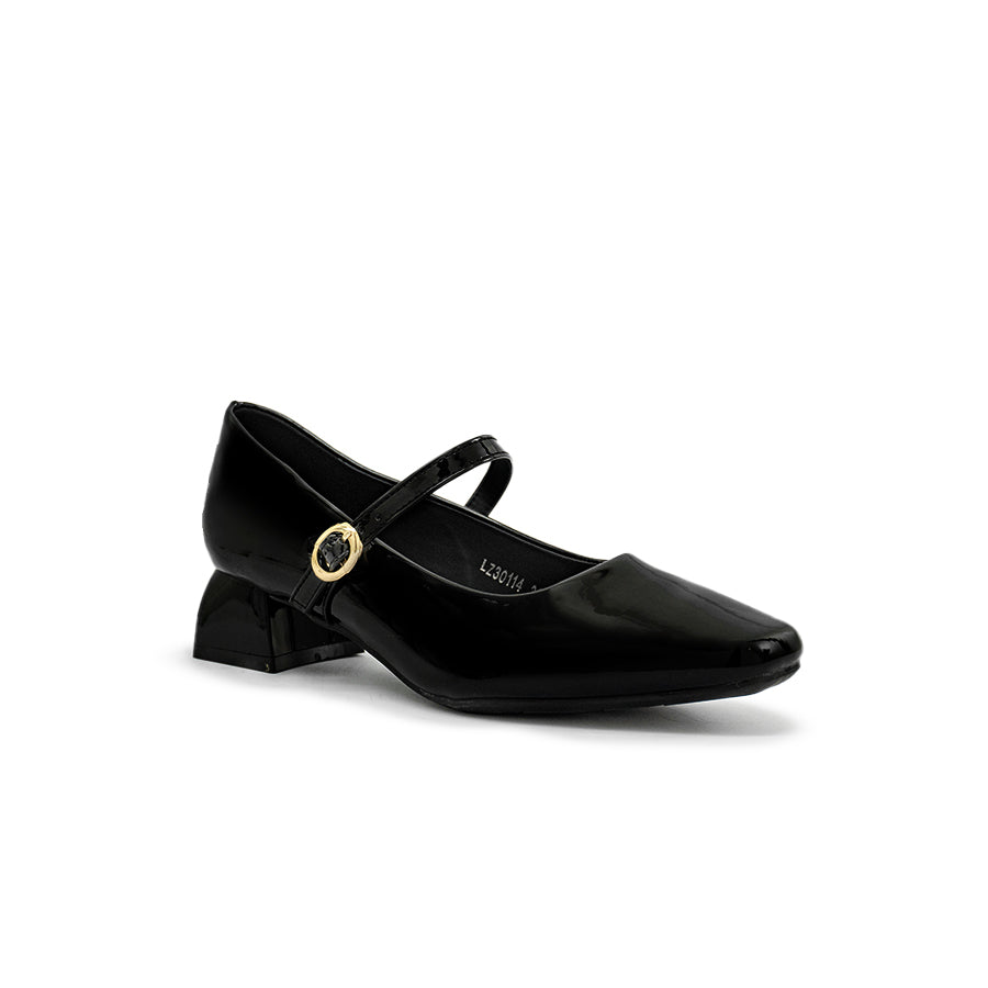 Mario D' boro LZ 30114 C97 Black patent Mary Jane shoe with square heel and gold buckle strap.