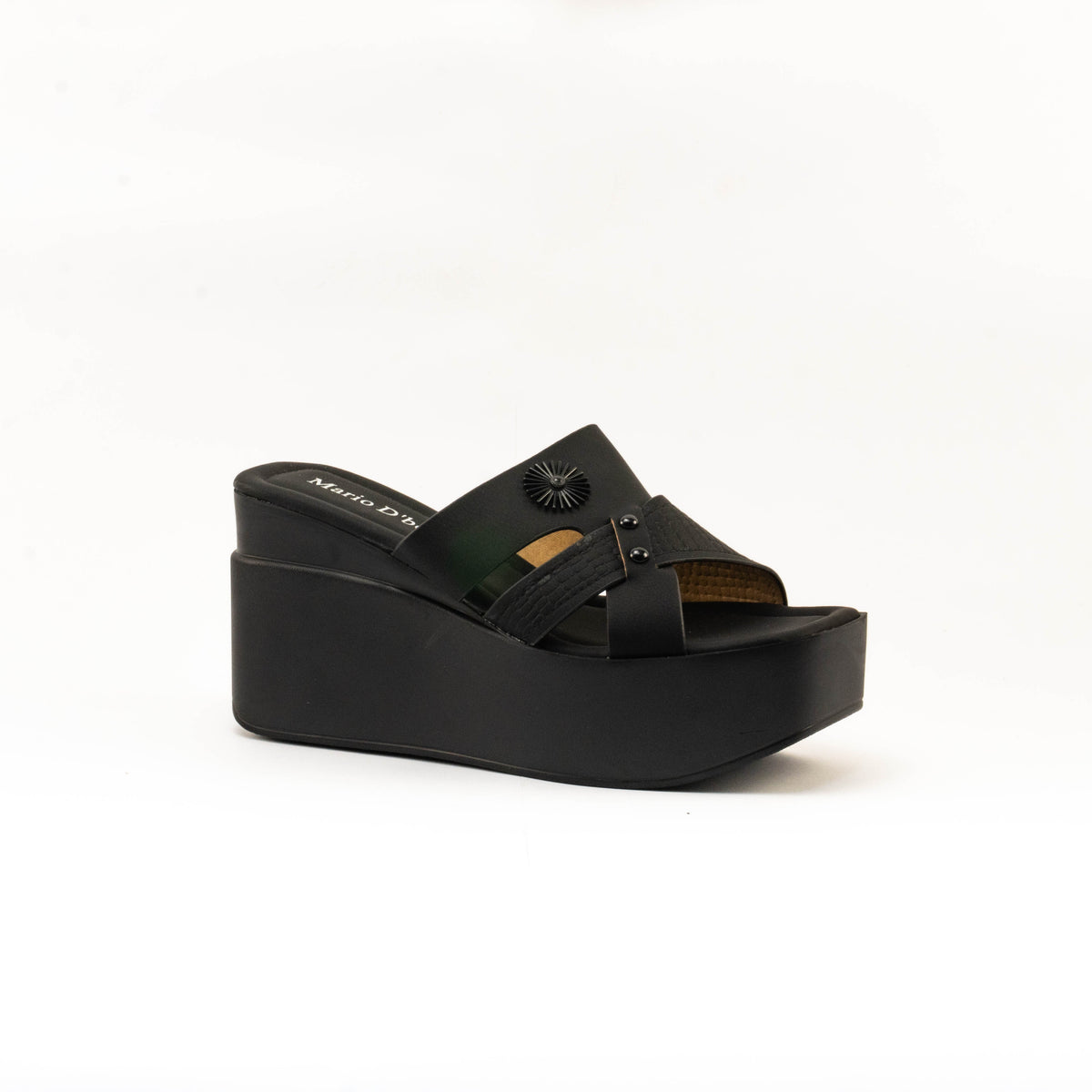 Mario D' boro Women's LZ 27834 C99 Beige / Black wedge sandals with platform sole and decorative sun emblem.