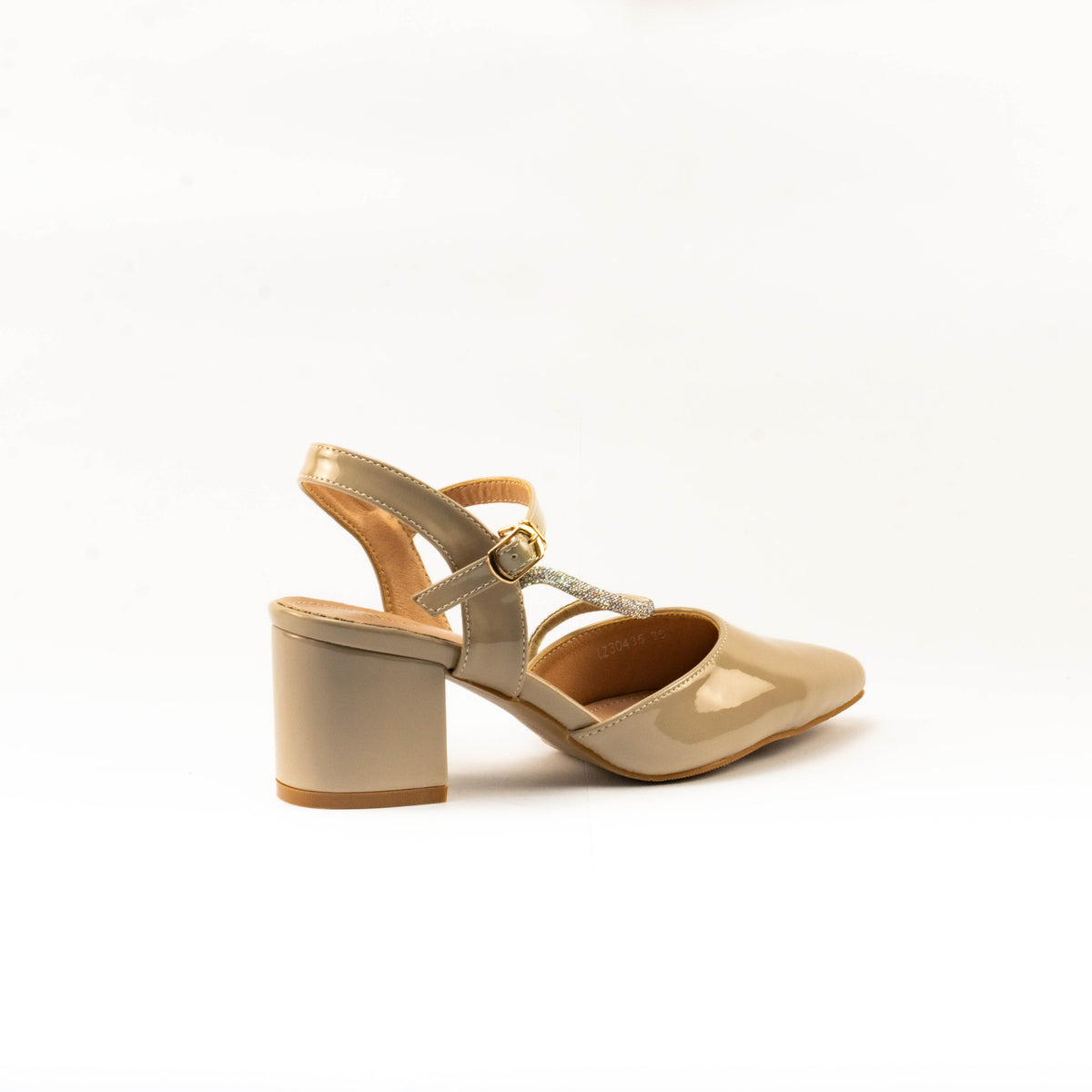 Mario D' boro Women's LZ 30435 C99 Beige / Taupe patent evening sandals with pointed toe block heel slingback shoe with ankle strap