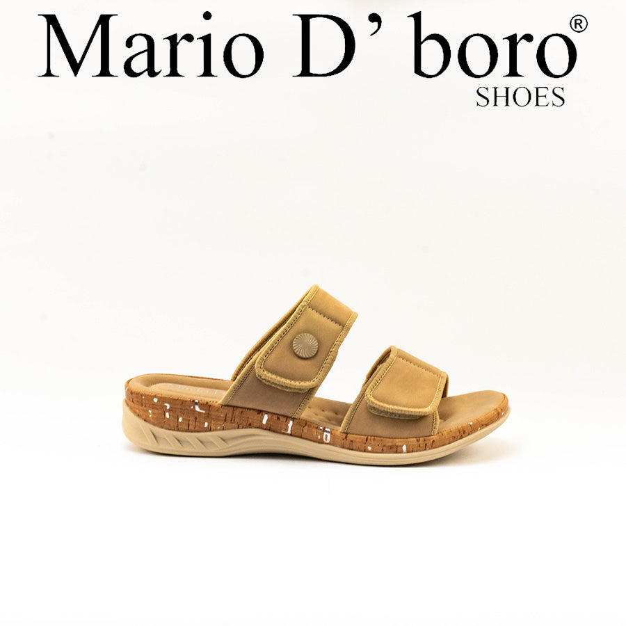 Mario D' boro Women's LZ 30541 C99 Beige / Dark Brown slip-on sandal with two adjustable straps and cork sole.