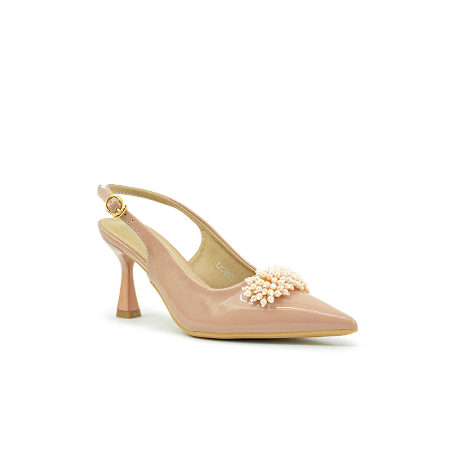 Mario D' boro LY 29663 Old Rose / Taupe patent slingback high heel with pointed toe and decorative pearl embellishment.